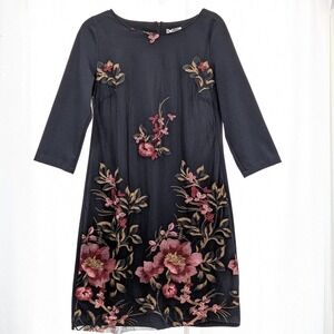 Marisa & Marie Dress‎ Large Black Embroidered Floral Sheer Overlay 3/4 Sleeve